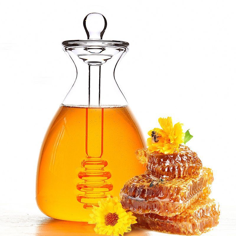 蜂蜜棒日式玻璃罐带搅拌棒储物罐创意透明家用蜂蜜瓶带盖简约果酱|ru