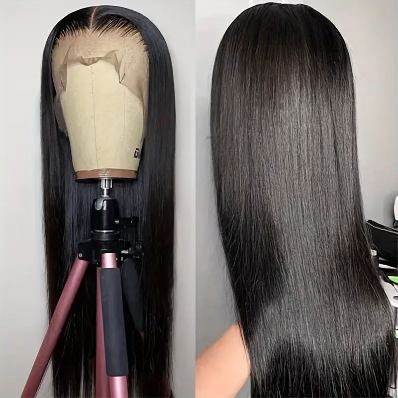 Cross-Border European and American Wigs for Women with Long Hair, Middle Parted Straight Hair, Full Lace Front, Chemical Fiber High Temperature Silk Wig Headgear Factory Direct