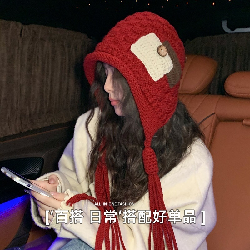 2025新款时尚贴布流苏红色毛线帽子女秋冬季保暖手工辫子针织帽潮|undefined