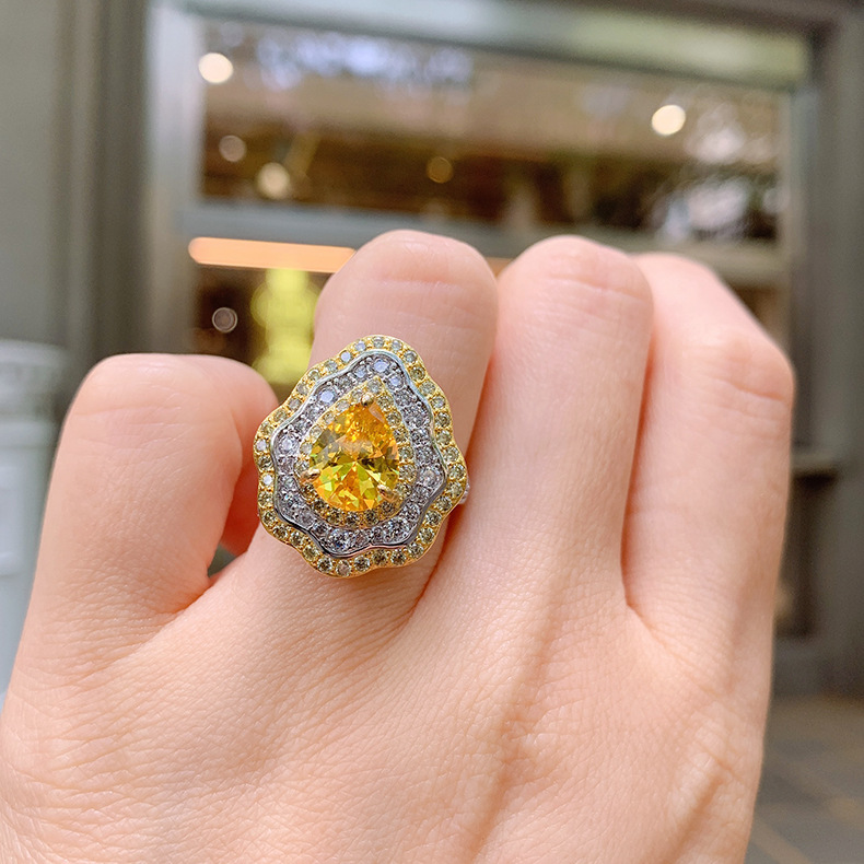 New Pink Diamond with Micro Setting Pear shaped Ring, Colorful Jewelry, Exaggerated Zircon Ring for Women_voghion.com