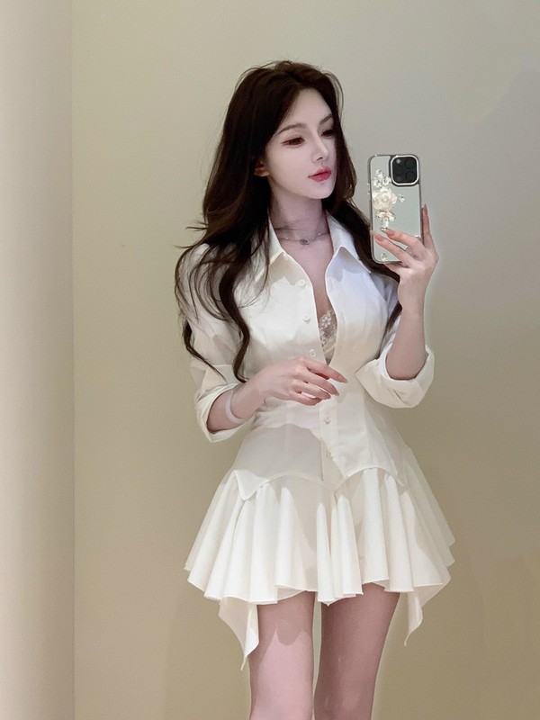 纯欲风辣妹单排扣衬衫连衣裙女春季新款别致收腰显瘦气质短裙|undefined