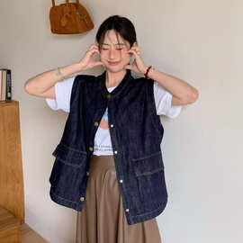 简梦活性染马甲 2026春季新款 牛仔无袖外套女设计感圆领上衣8011