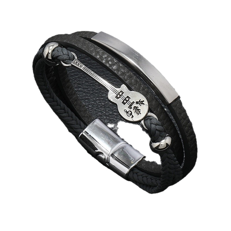 Pulseira masculina estilo punk europeu e americano com guitarra, feita de corda de couro trançada multicamadas, um ótimo presente para namorado._voghion.com