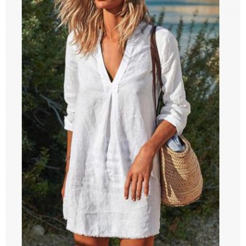 Vestido midi femenino de manga larga, cuello en V