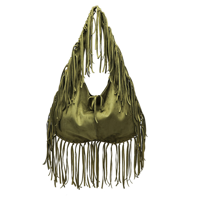 Bolso de mujer de un solo hombro de tendencia de media luna de borla de gran capacidad Bolso de bola de masa retro de terciopelo de piel de venado de mensajero simple casual