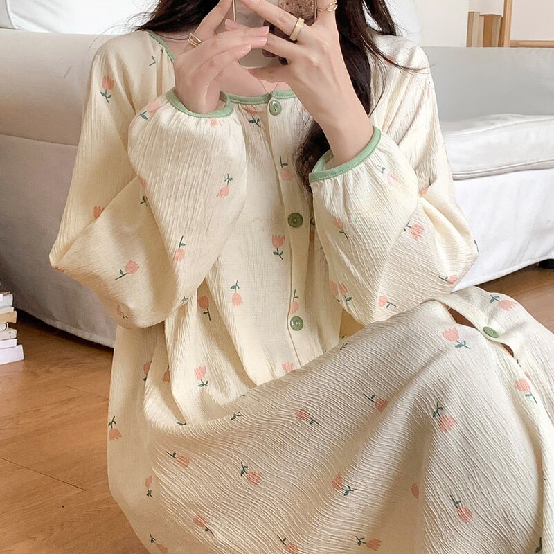 Women's spring and autumn plus-size loose-fitting maternity nightgown, long-sleeved cardigan, sweet and cute night robe, thin summer loungewear Women's spring and autumn plus-size loose-fitting maternity nightgown, long-sleeved cardigan, sweet and cute night robe, thin summer loungewear