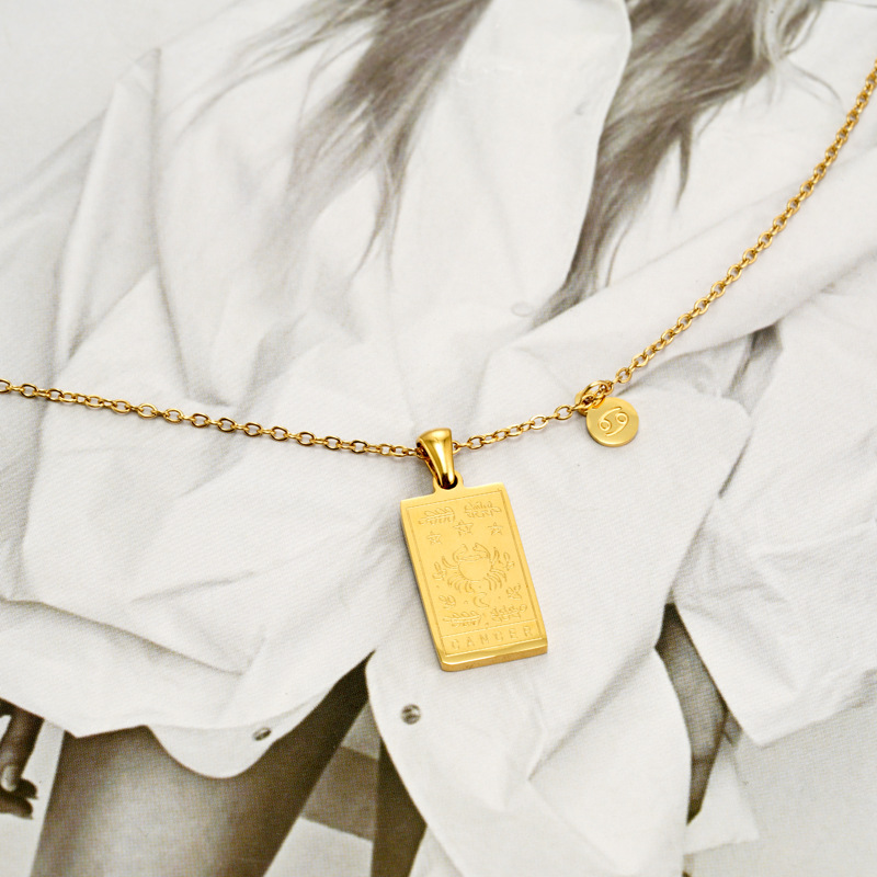 Retro Square Constellation Titanium Steel Inlaid Gold Pendant Necklace