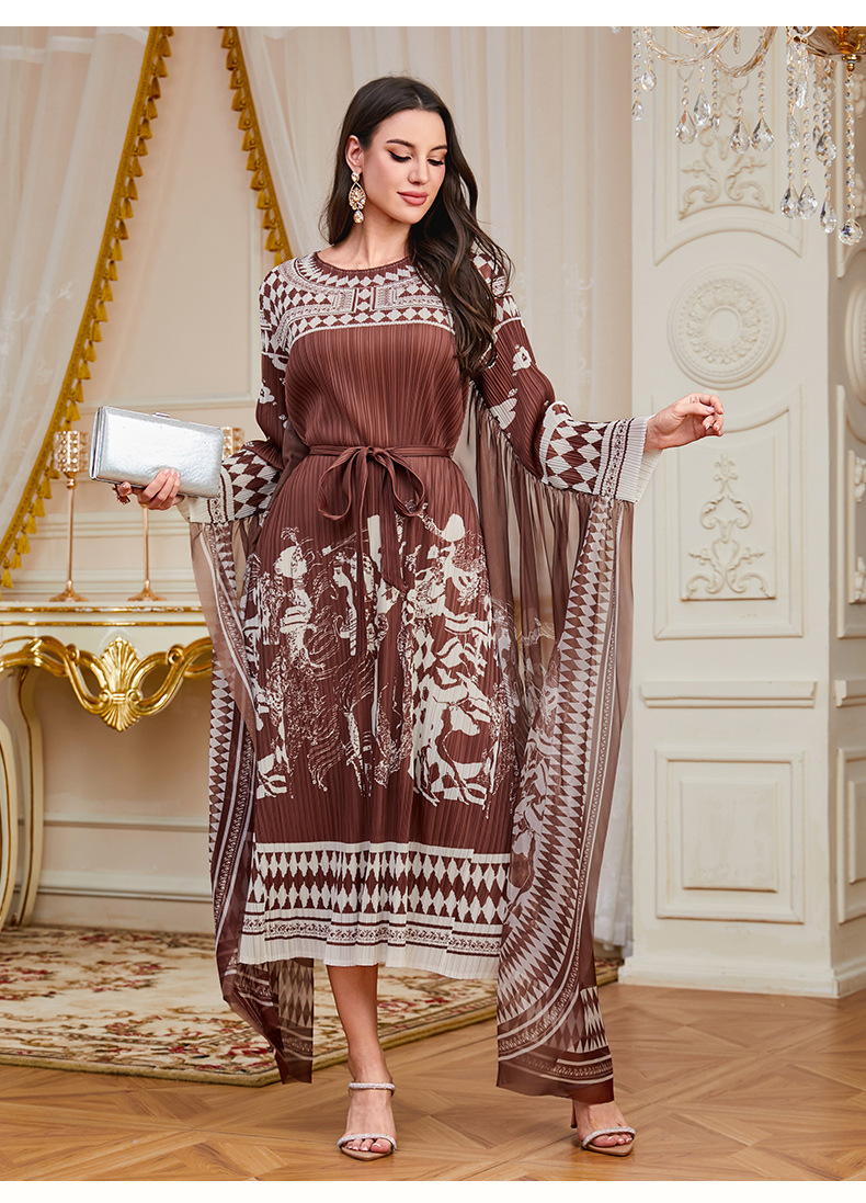 New Cross-border Pleated Printed Loose Bat-sleeve Heavy-duty Arabic Robe With Ties, Plus-size Elegant Dress For Women_ecoleips.com