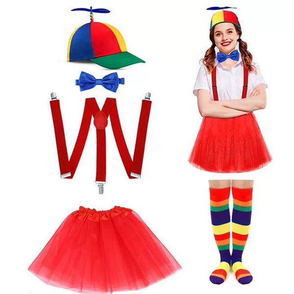 Rainbow Propeller Hat and Red Ballet Tutu Y-Back Suspenders Bow Tie Striped Socks 5-Piece Set