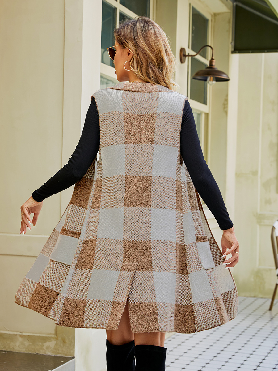 Cross-border popular de las mujeres de traje largo cuello suéter sin mangas de la capa de Plaid Jacquard de punto chaleco cardigan exterior image 6