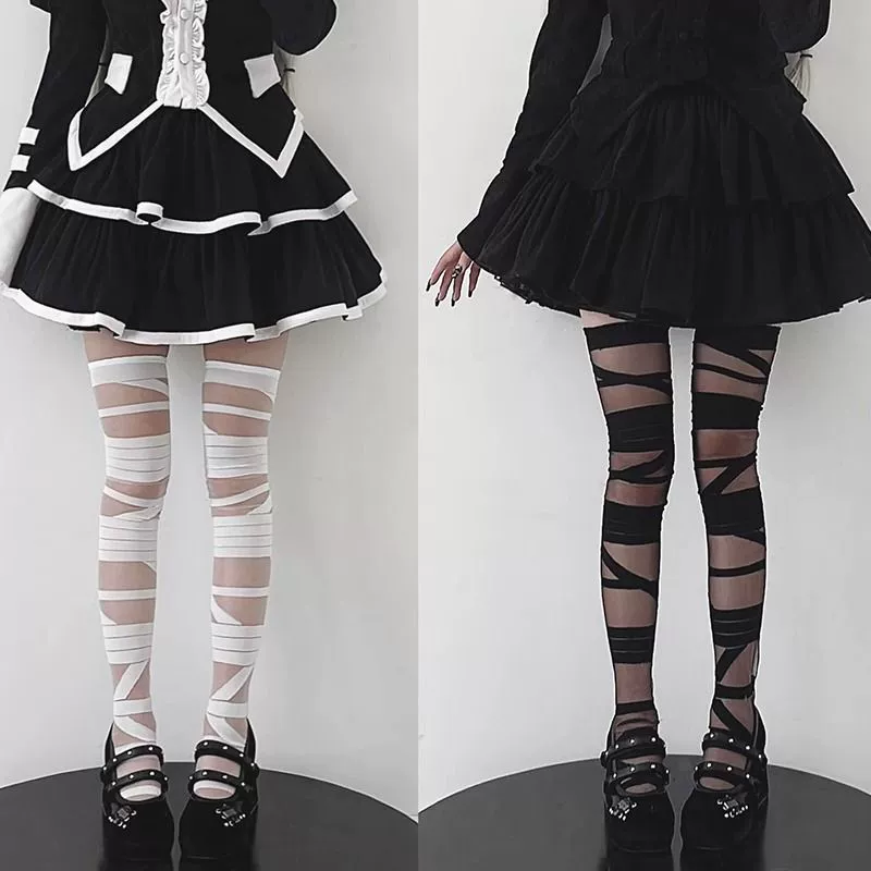 Белая эластичная повязка, японский пояс, тонкие колготки, стиль Lolita