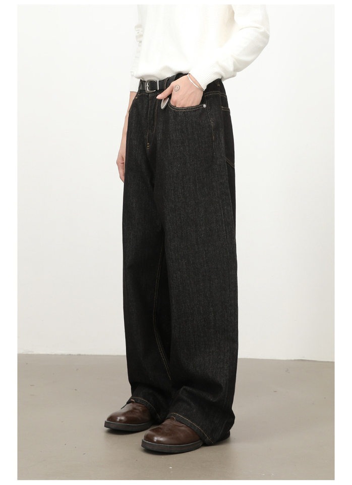 Quần jeans nam dáng rộng ống thẳng màu bò đen nguyên bản, túi thêu họa tiết, lưng giữa — Bò đen sống chi tiết 6
