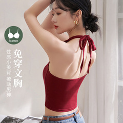 Halterneck camisole women's short summer outer wear with breast pads retro Hong Kong style beautiful back underwear red bottoming top
