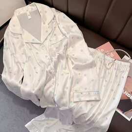 蓝波点蝴蝶结冰丝睡衣女春夏可外穿长袖丝绸可爱26新款家居服现货