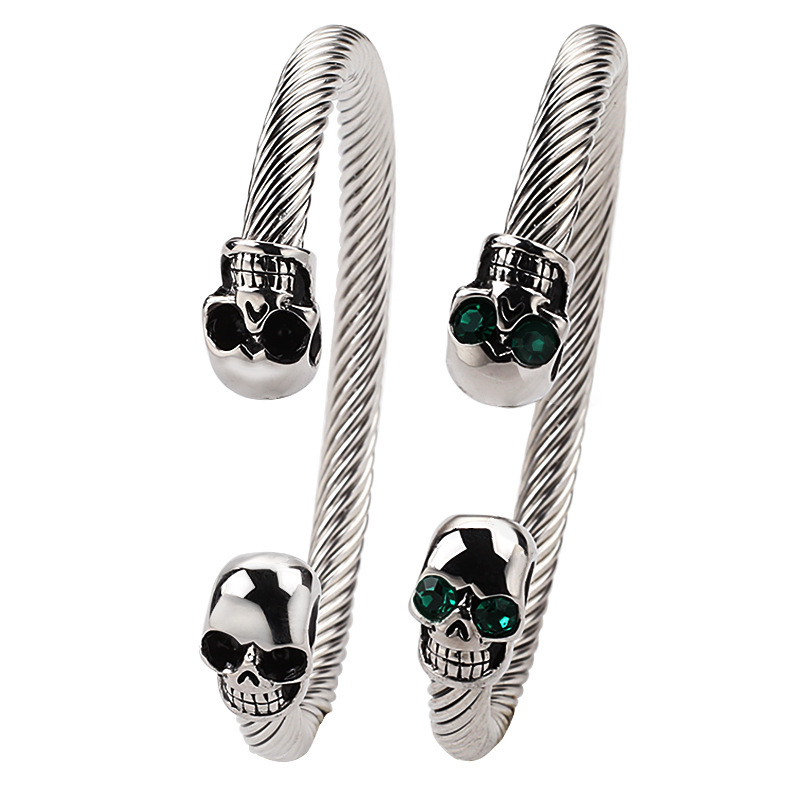 Trendy and Fashionable Skull Stainless Steel Bracelet Titanium Steel Wire Twisted Wire C-Shaped Open Skull Bracelet Mardi Jewelry Trendy and Fashionable Skull Stainless Steel Bracelet Titanium Steel Wire Twisted Wire C-Shaped Open Skull Bracelet Mardi Jewelry