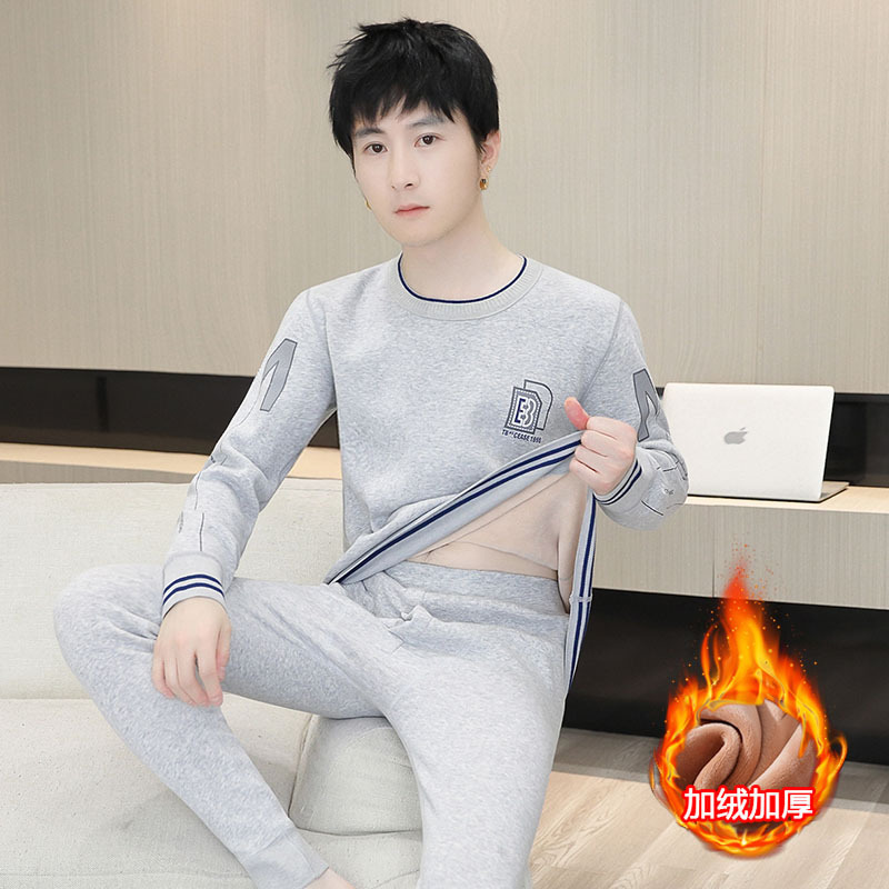 Autumn and Winter Youth Fleece-Lined Thick Thermal Underwear Men's Cold-Proof Trendy Printed Round Neck Top and Bottom Set Men Autumn and Winter Youth Fleece-Lined Thick Thermal Underwear Men's Cold-Proof Trendy Printed Round Neck Top and Bottom Set Men