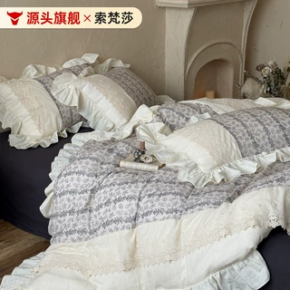 法式复古碎花全棉双层纱四件套纯棉刺绣蕾丝被套公主风高级感床品