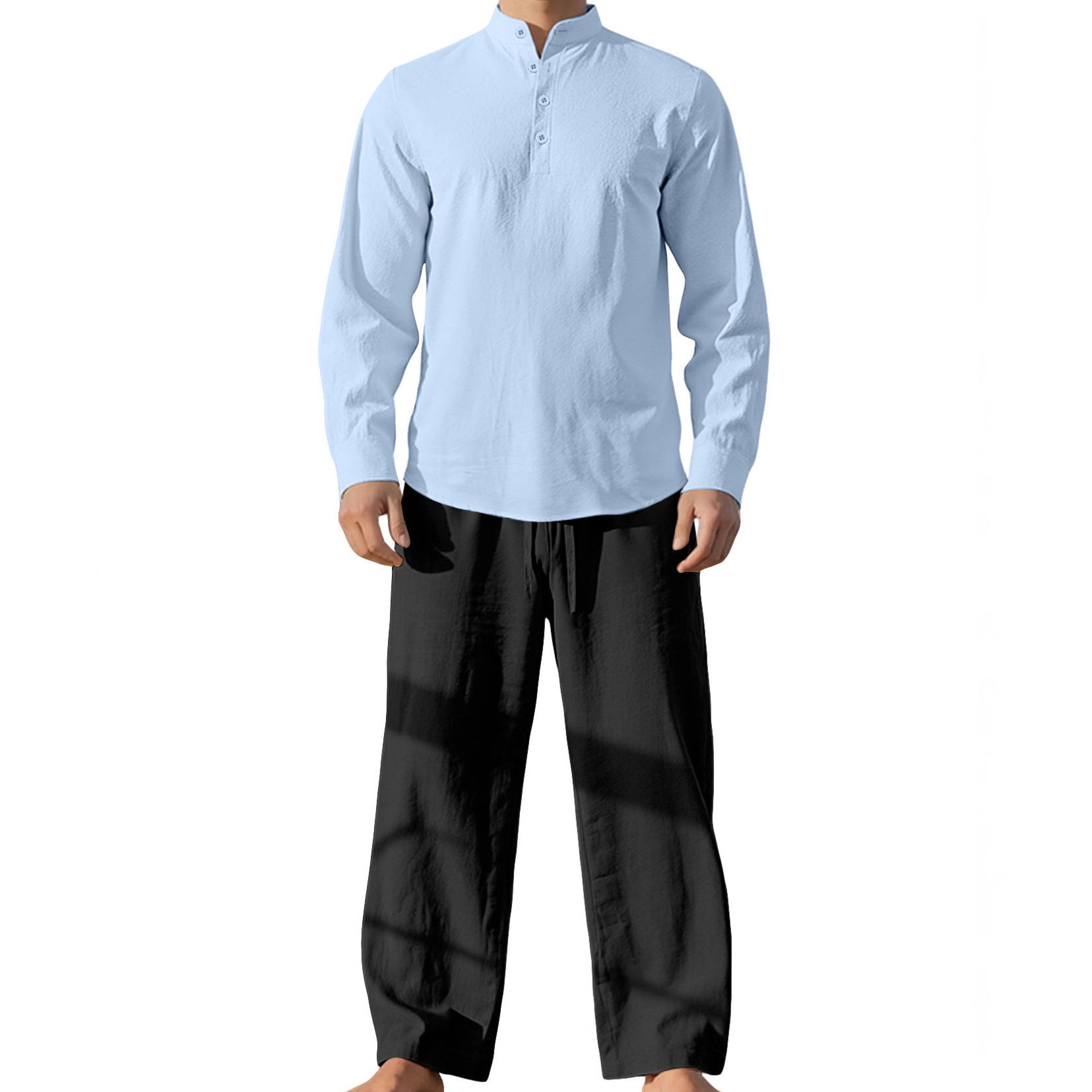 Nuevo transfronterizo Europa y América primavera y otoño delgada camisa de mangas largas deportiva de cuello vertical camisa de color sólido de algodón y lino para hombres