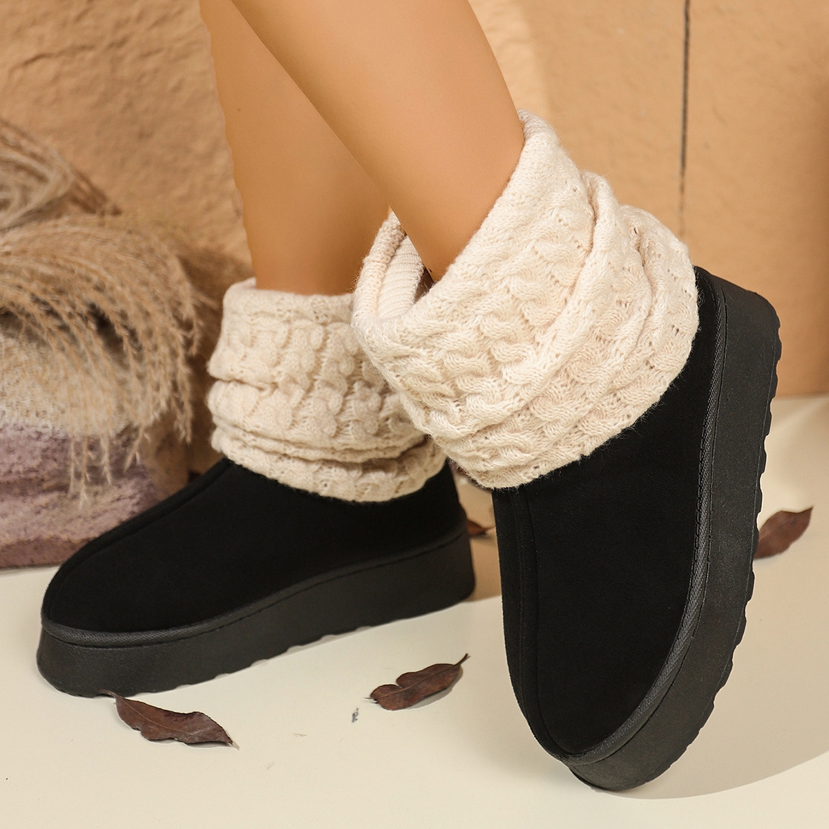 Women's Winter Thick Soled Knitted Snow Boots Fleece Lined Warm Slip On Plus Size Cotton Shoes_vogvips.com