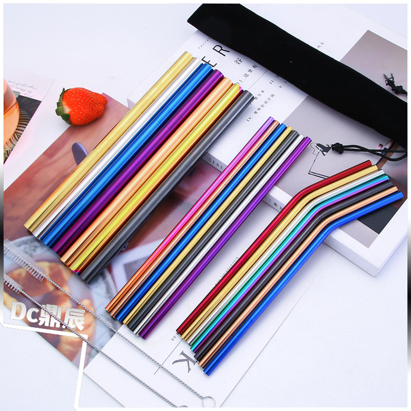 Transfronterizo Amazon 304 de acero inoxidable paja bebida leche té color metal traje de paja titanio plateado logotipo impreso