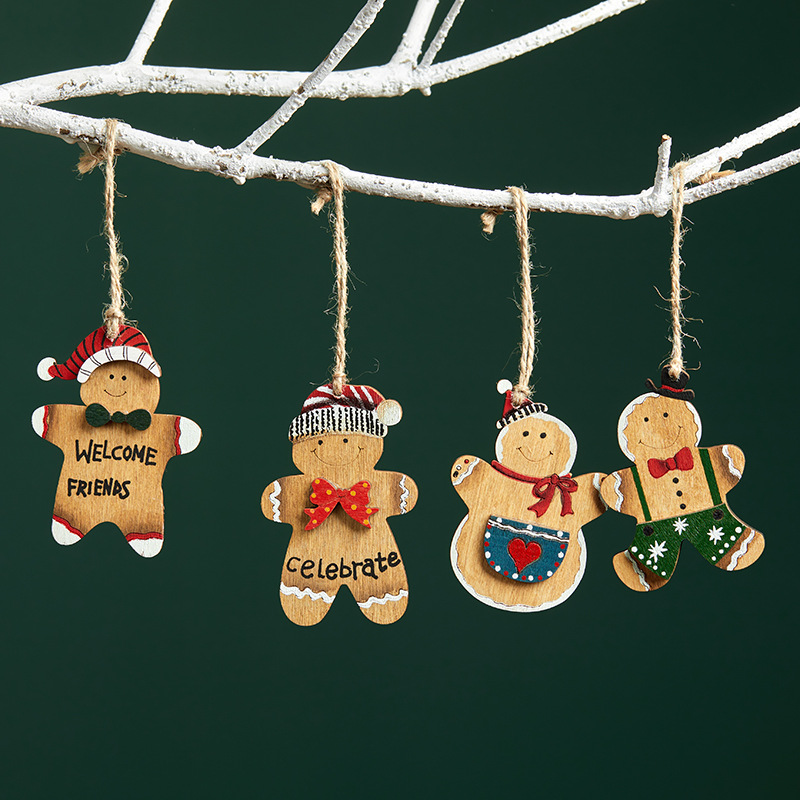 Buscando madera 8cm Navidad pintada a mano pan de jengibre hombre pequeño colgante decoración de Navidad escenario decoración de props