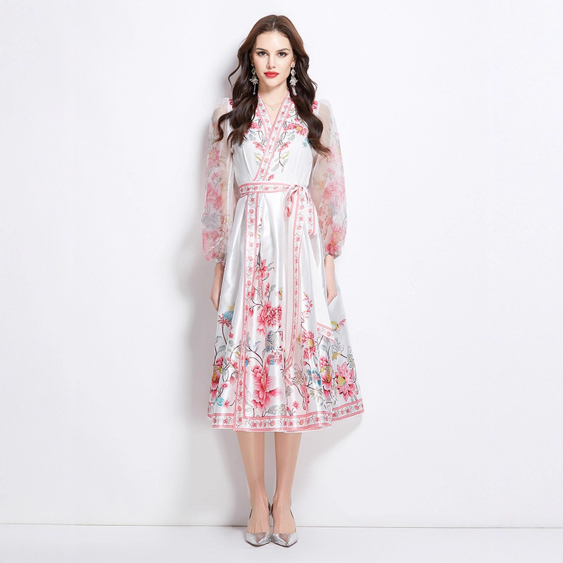 2025 Spring New V Neck Ethnic Style Printed Satin Wrap Long Dress 2025 Spring New V Neck Ethnic Style Printed Satin Wrap Long Dress
