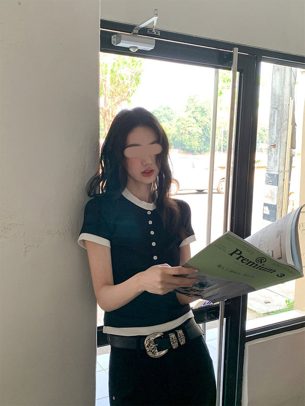 Hello Canon フェイクツーピーススプライシングヘンリーカラー半袖 Tシャツ女性の夏の新しいデザインコントラストカラーコットントップ|undefined
