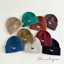 宝宝日系针织帽儿童秋冬护耳保暖帽卡通刺绣小狗卷边毛线帽子