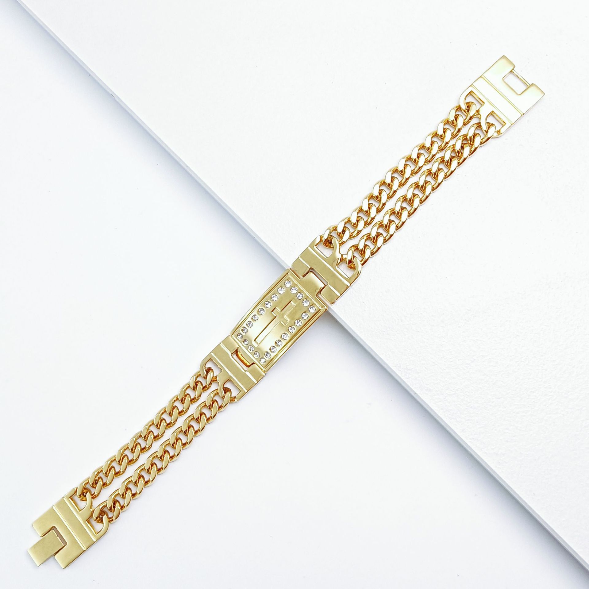 Bracelet épais double couche en forme de croix, serti de diamants, en acier inoxydable et titane, style hip-hop, bijou tendance pour homme_voghion.com