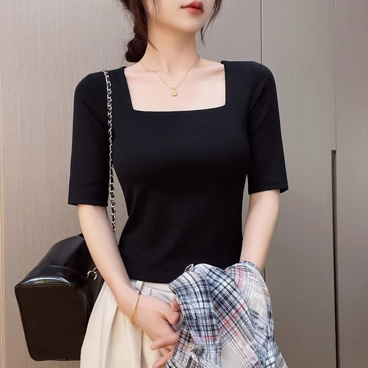 Black Mid-sleeve T-shirt Women's 2025 Summer New Design Sense French Square Neck Shoulder Slimming Half-sleeve Base Top Black Mid-sleeve T-shirt Women's 2025 Summer New Design Sense French Square Neck Shoulder Slimming Half-sleeve Base Top
