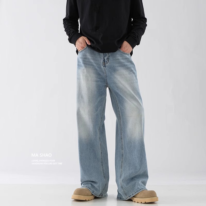 Light Blue Washed Cleanfit Straight Leg Jeans Midweight Casual Trousers Trendy Brand Spring 2025 American Style Wide Leg mid Waist_mkmklike.com