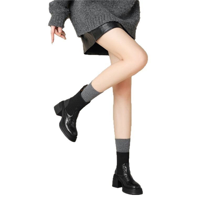 粗跟高跟短靴女弹力瘦瘦靴秋冬新款厚底马丁靴大码40|undefined