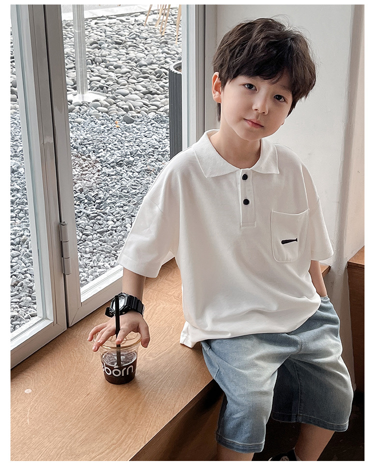 New 2024 Summer boys' polo shirt embroidered fish waistcoat short sleeve casual style summer refreshing handsome top