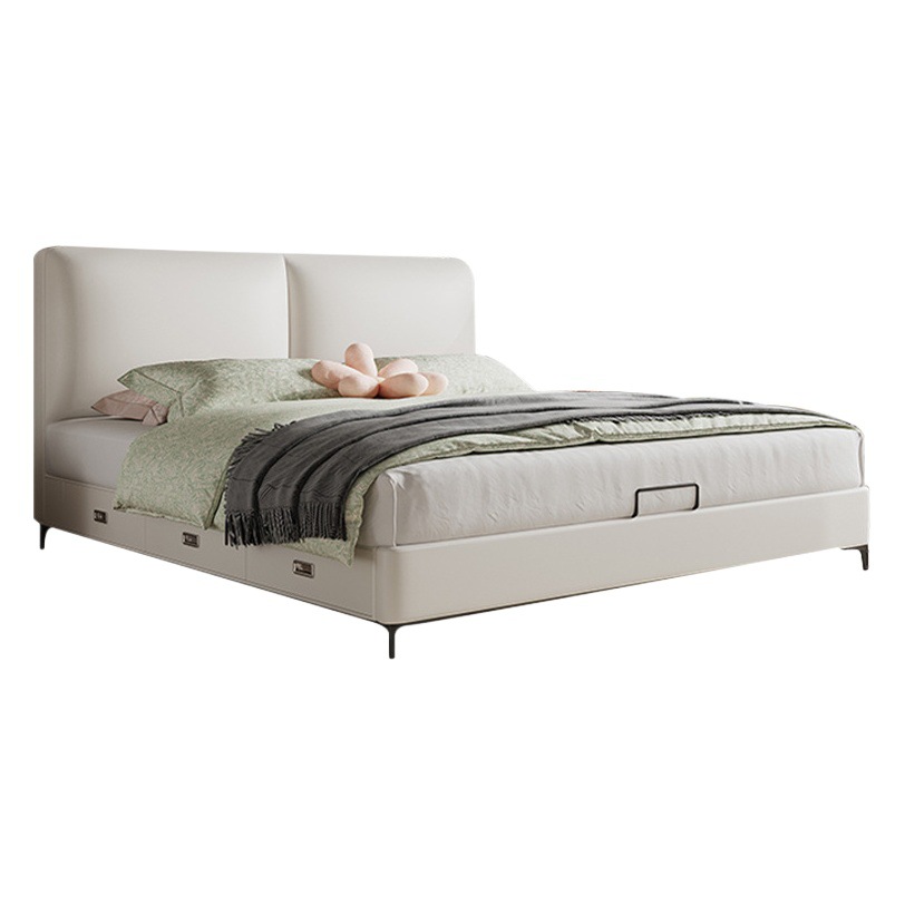 Cama con almacenamiento color crema, cama doble, 1.8 metros, dormitorio principal, estilo nórdico, cama con presión de aire, apartamento pequeño, cama con panel de almacenamiento con presión de aire. image 1