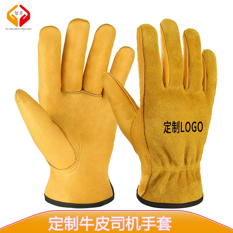 Guantes de trabajo de cuero vacuno para jardinería, maquinaria, reparación de automóviles, soldadura, guantes protectores de cuero, transfronterizos, EU CE Amazon EN388