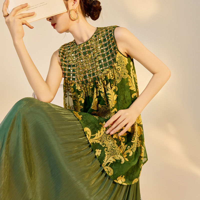 Summer New Chinese-Style High-End Patchwork Fairy Long Dress, New National Style Sequined Rayon Sleeveless Dress for Women N6041 Summer New Chinese-Style High-End Patchwork Fairy Long Dress, New National Style Sequined Rayon Sleeveless Dress for Women N6041