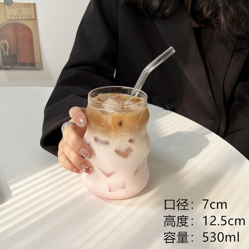 Gordo té de leche nubes tazas de vidrio de alto silicio copas de vidrio con cubierta para niñas caseras tazas de café de paja set