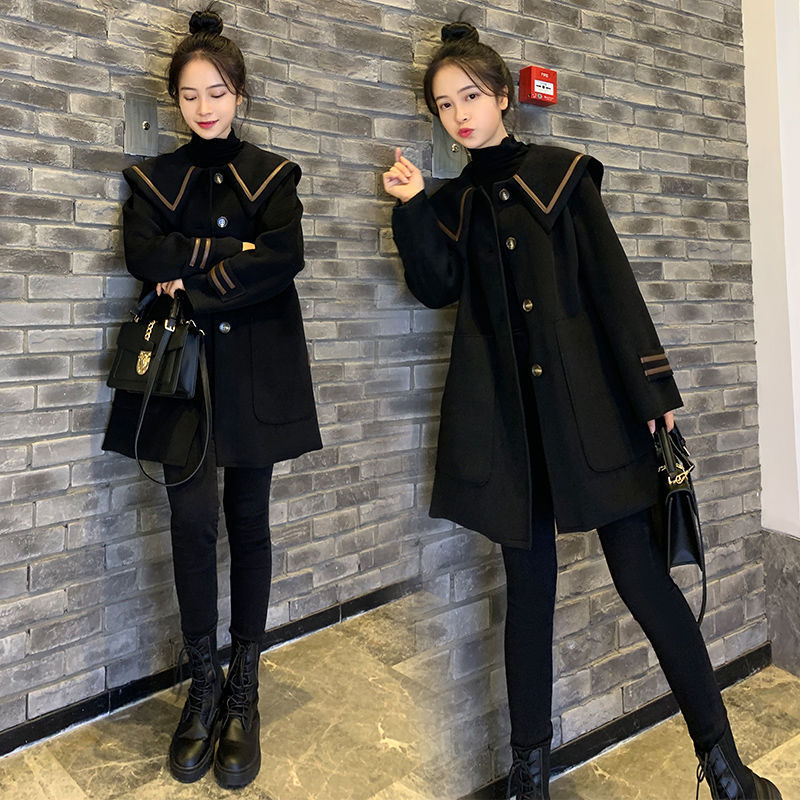 Navy Collar Coat Long Women's 2024 New Korean-style Preppy Single-breasted A- line Woolen Coat