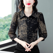 2025早秋真丝翻领七分袖衬衫女品牌宽松妈妈装大码显收春夏小衫潮