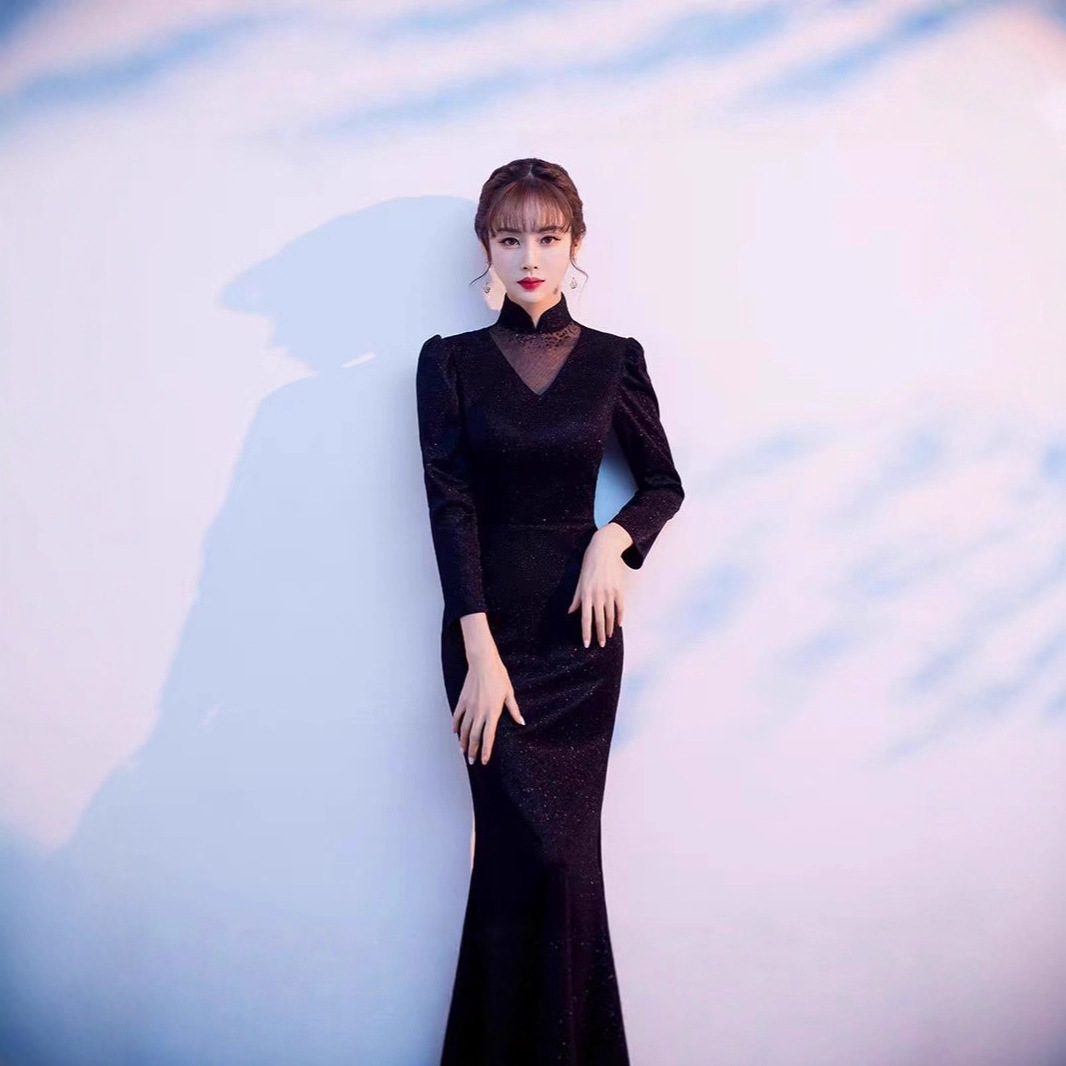 Cheongsam Evening Dress for Women 2025 New High-End Black Elegant Fishtail Long Accessible Luxury Classy Banquet Host