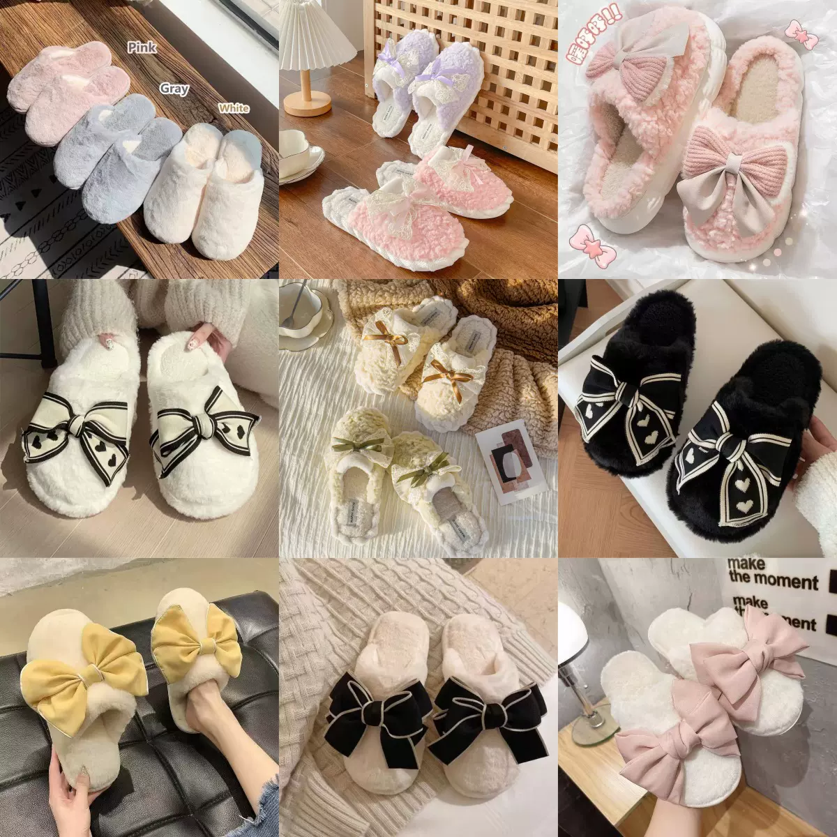 ins潮棉拖鞋少女心秋冬室内居家用加绒保暖蝴蝶结毛毛鞋居家保暖