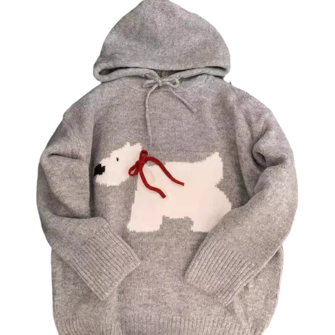 Knitted Hooded Sweater, Teen Unisex, Demi-Season Gray, One Size, Dog Motif