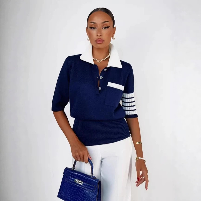European and American Style Knitted Short-Sleeve Polo T-Shirt, High-Quality Version, Simple Half-Sleeve Top, in Stock on Amazon for Cross-Border Sales