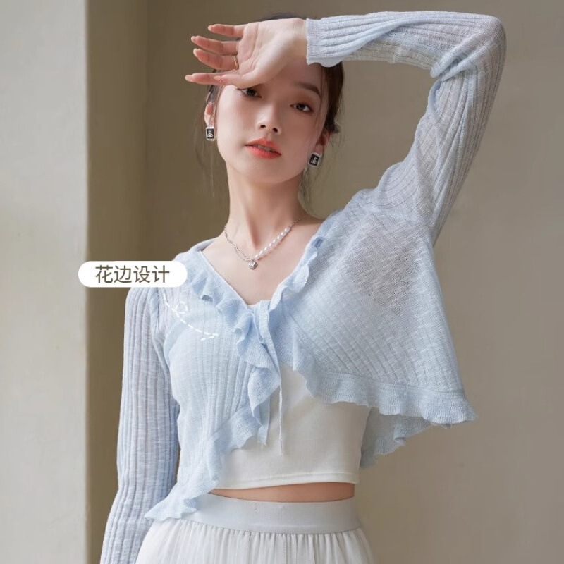 Ice Silk Knitted Cardigan for Women, Summer Short Style, Thin Outerwear Paired with Skirts, Shawl with Ruffles, Sun Protection Air Conditioning Jacket, Small Coat