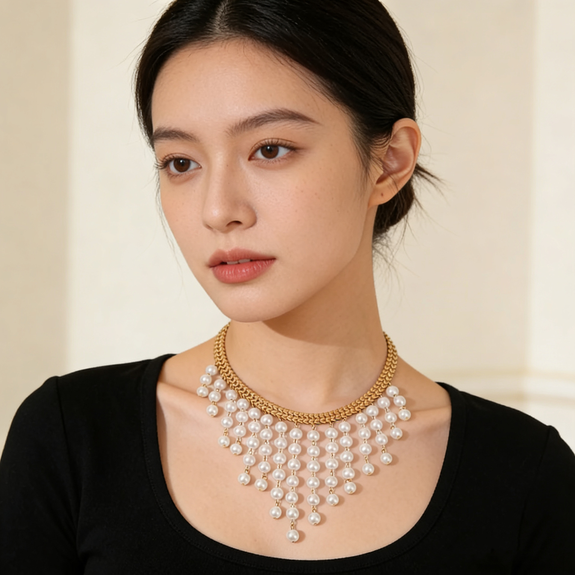 유럽과 미국의 국경 보석 다층 긴 진주 술 목걸이 새로운 과장된 디자인 진주 턱받이 목걸이