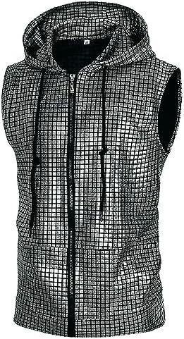 2025 New In-Stock Men's Disco Shiny Sleeveless Hooded Vest with Metal Zipper and Pockets
