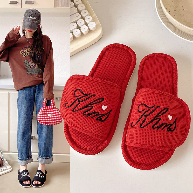 Velcro Adjustable Japanese-style Home Slippers Waffle Embroidered Indoor Non-slip Soft Bottom Slippers for Lovers