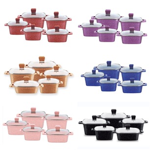 Square Soup Pot 10 Piece Set Die Casting Aluminum Pot Soup Pot Kitchenware suit Non-stick Pot Horizontal Striped Marble Maifan Stone