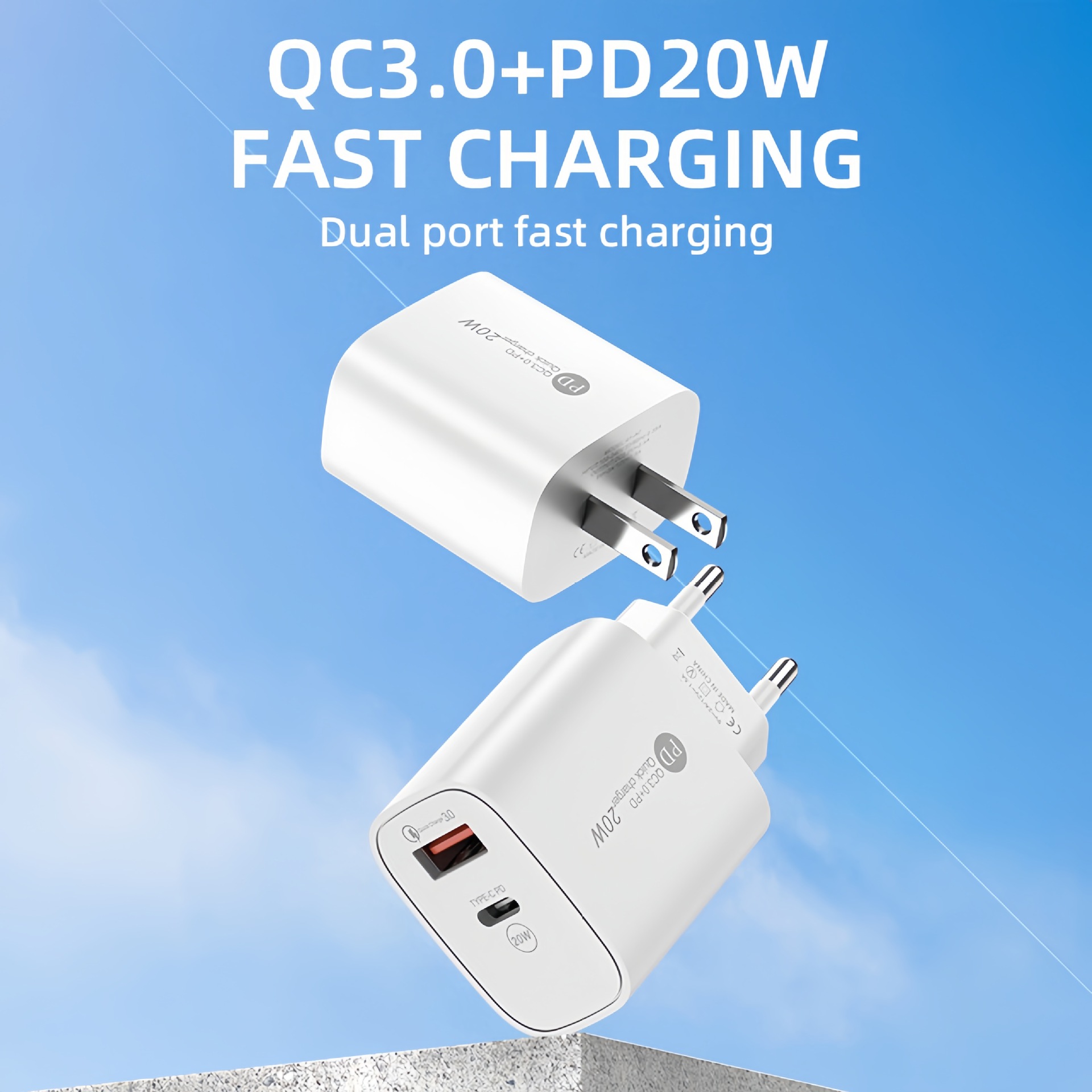 Fábrica al por mayor aplicable Apple PD20W QC3.0 estándar europeo/americano cabezal de carga doble puerto A C cargador de teléfono móvil