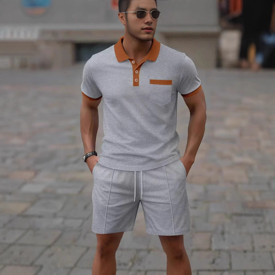 2025款亚马逊跨境夏季男士新款华夫格拼色短袖短裤两件套休闲套装